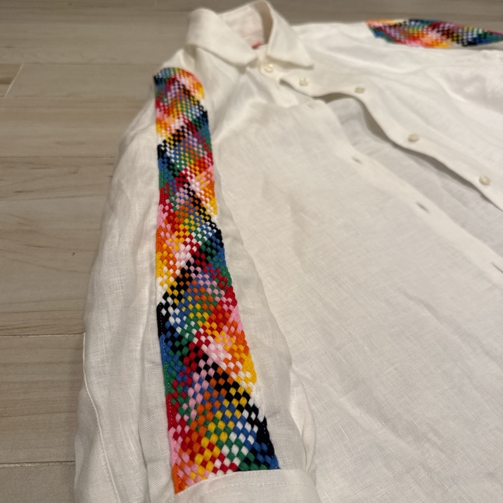 Men’s 100% Linen Button Up • Colorful Woven Sleeve Detail • FREE SHIPPING